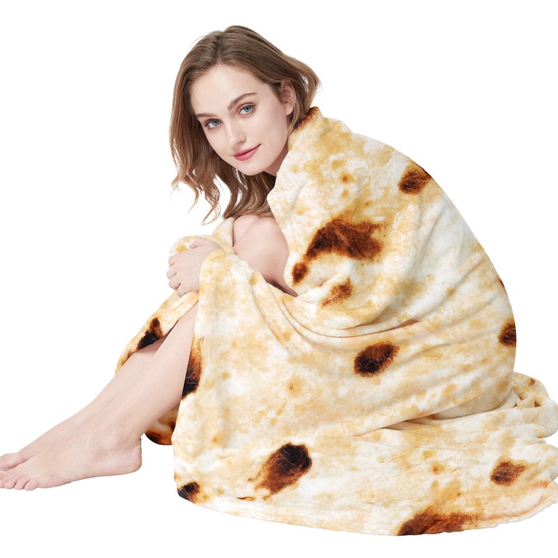 LetsFunny Burrito Tortilla Throw Blanket, Double Sided Burritos Taco Tortilla Wrap Blankets, Funny Realistic Flannel Food Round Blankets, Funny Gifts for Kids Newborn Toddler Dog Cat Baby Shower 47in - Image 1
